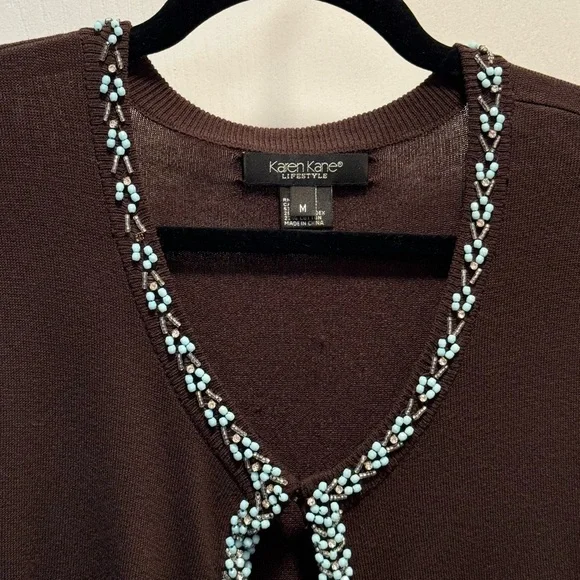 2 piece Karen Kane brown cardigan set - sweater size M, tank size M, teal beads - Picture 4 of 9